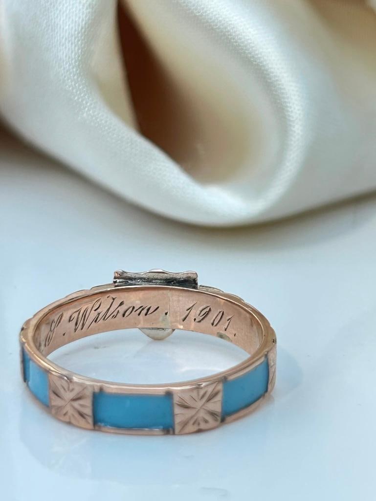 Antique gold blue enamel shield front ring - 8