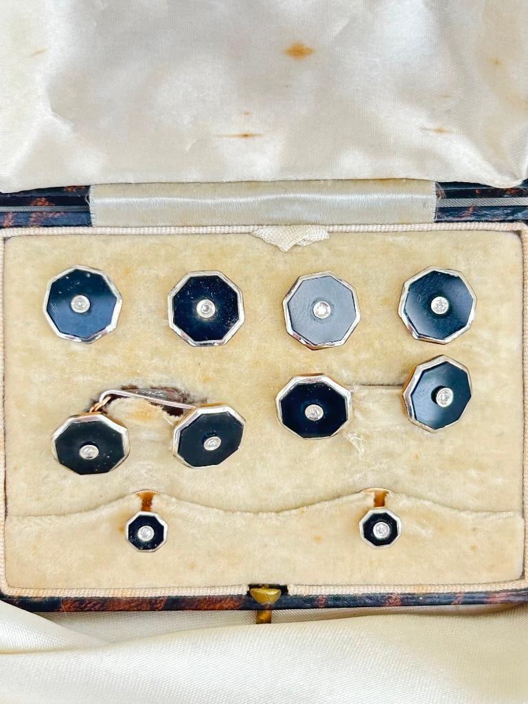 Antique Gold Onyx and Diamond Boxed Cufflink Mens Dress Stud Set (1 of 5)