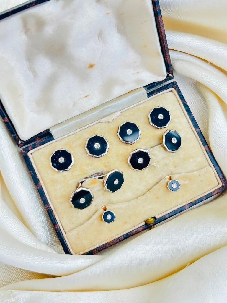 Antique Gold Onyx and Diamond Boxed Cufflink Mens Dress Stud Set - 2