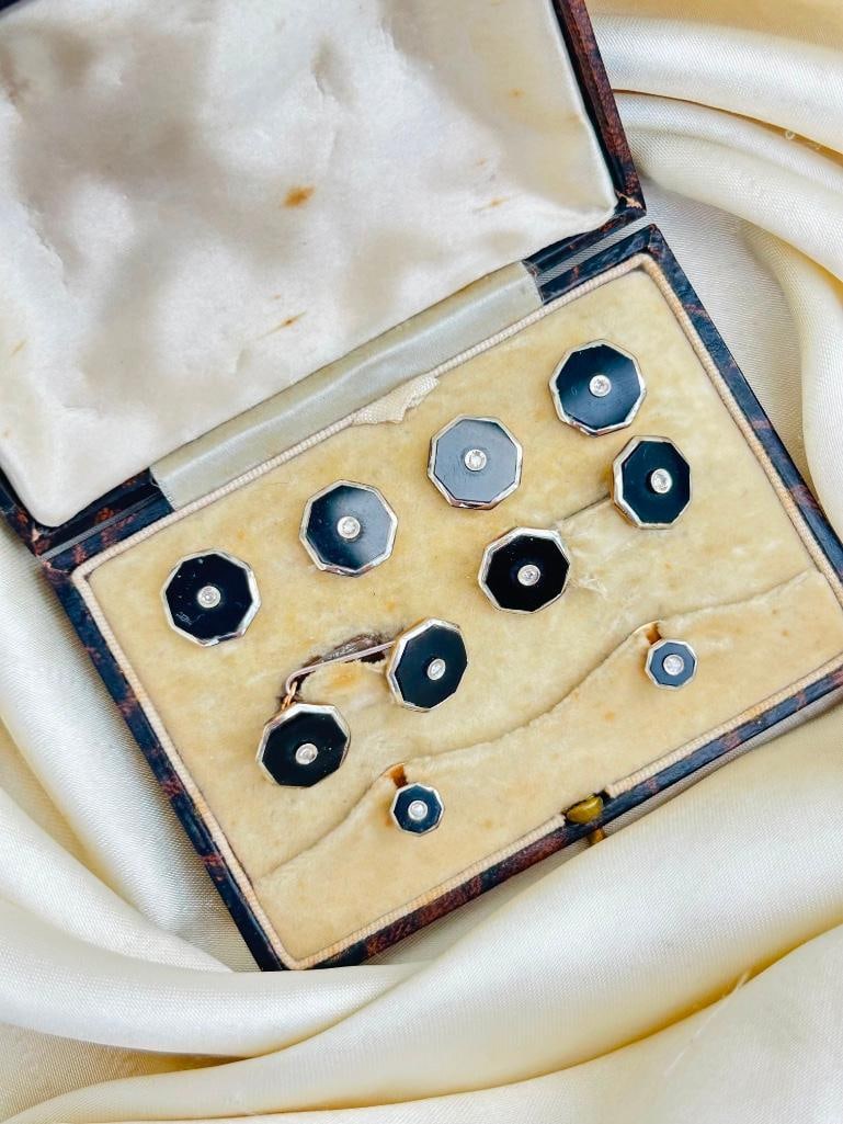 Antique Gold Onyx and Diamond Boxed Cufflink Mens Dress Stud Set - 3