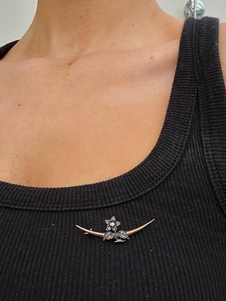 Antique Rose Cut Diamond and Pearl Flower Gold Crescent Brooch - 2