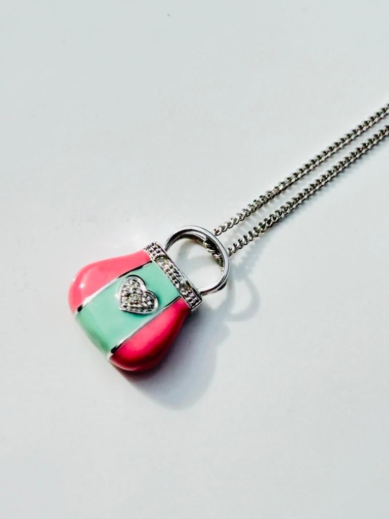 Sweet 9ct White Gold Pink and Green Enamel and Diamond Handbag Pendant on 9ct White Gold Chain - 2