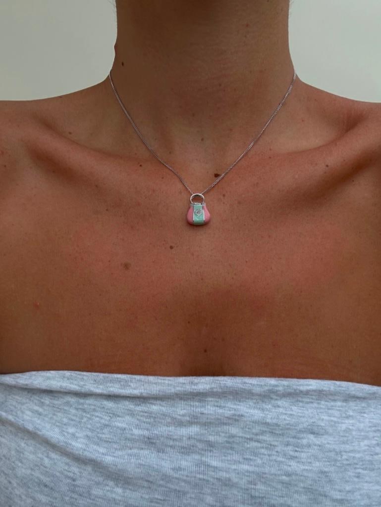 Sweet 9ct White Gold Pink and Green Enamel and Diamond Handbag Pendant on 9ct White Gold Chain - 4