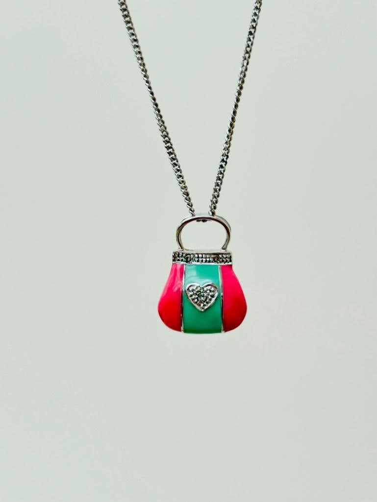 Sweet 9ct White Gold Pink and Green Enamel and Diamond Handbag Pendant on 9ct White Gold Chain - 7