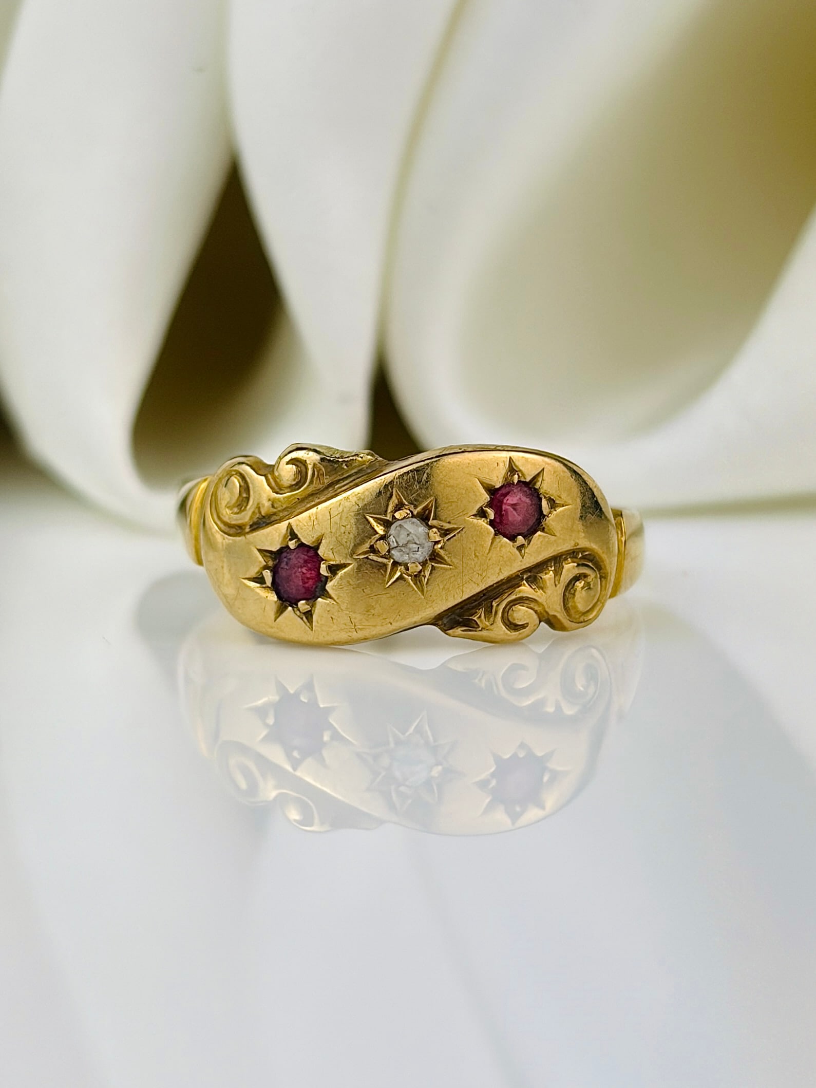antique 18ct yellow gold ruby and diamond 3 stone twist ring:  antique 18ct yellow gold ruby and diamond 3 stone twist ring Such a sweet ring!