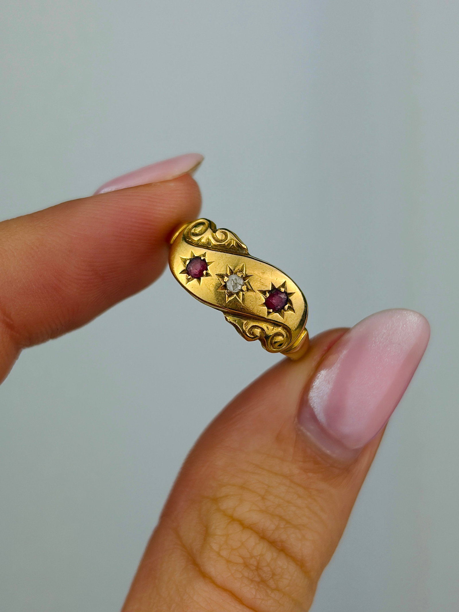 antique 18ct yellow gold ruby and diamond 3 stone twist ring - 5
