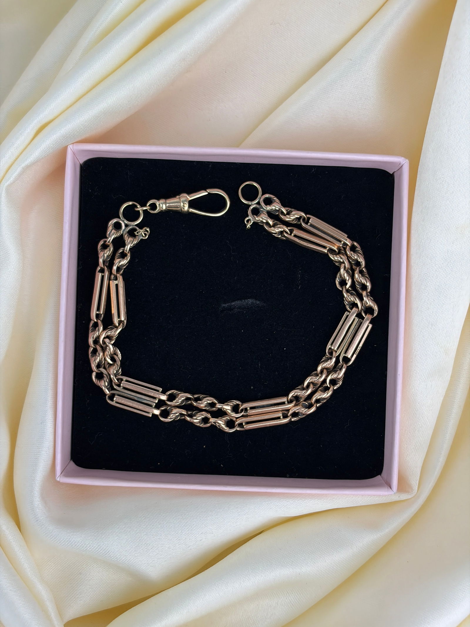 Heavy antique 9ct yellow gold double twist link bracelet with dog clip fastener - 7