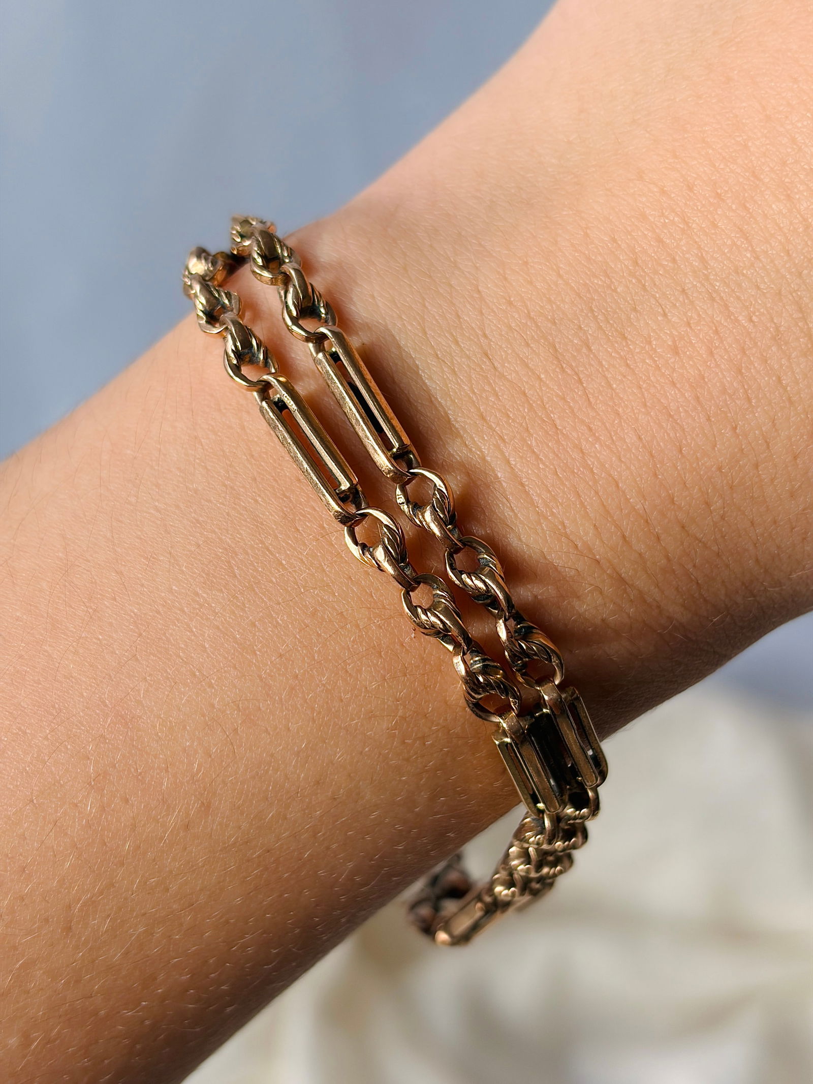 Heavy antique 9ct yellow gold double twist link bracelet with dog clip fastener - 9