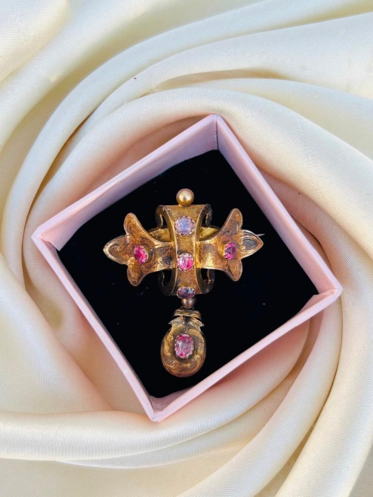 Antique Late Georgian Pink Paste Topaz Locket Back Double Brooch in 15ct Yellow Gold - 5