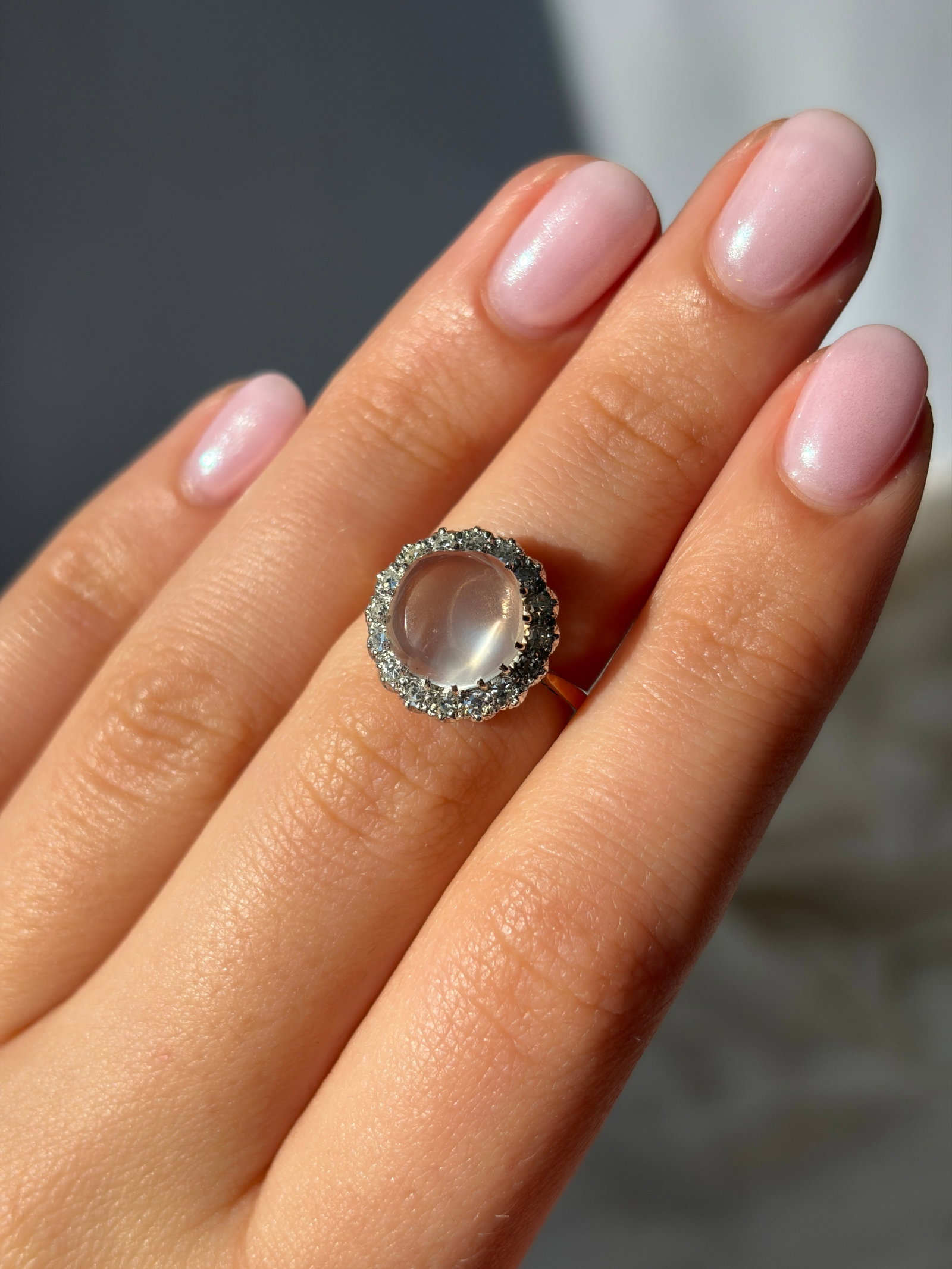 Art Deco Diamond and Moonstone 18 Carat Gold and Platinum Ring - 9