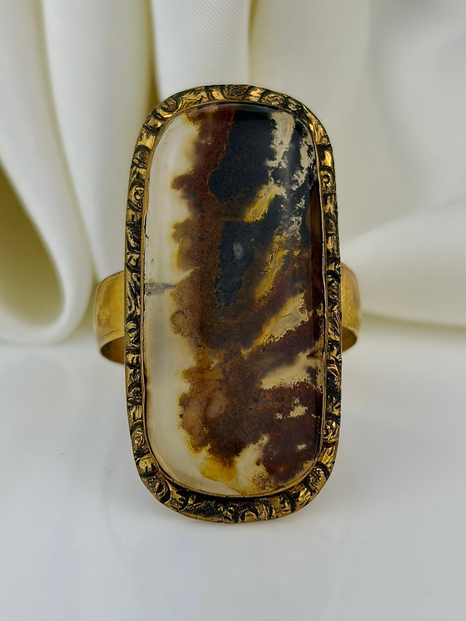 huge gold moss agate navette ring: huge gold moss agate navette ring