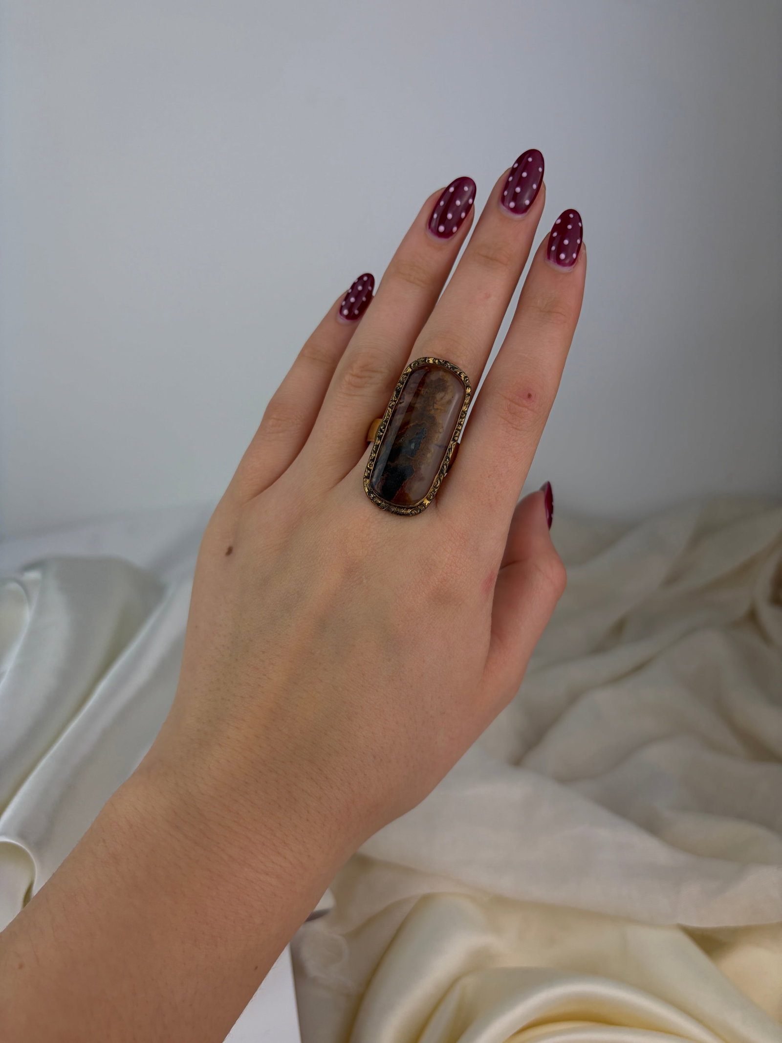 huge gold moss agate navette ring - 6