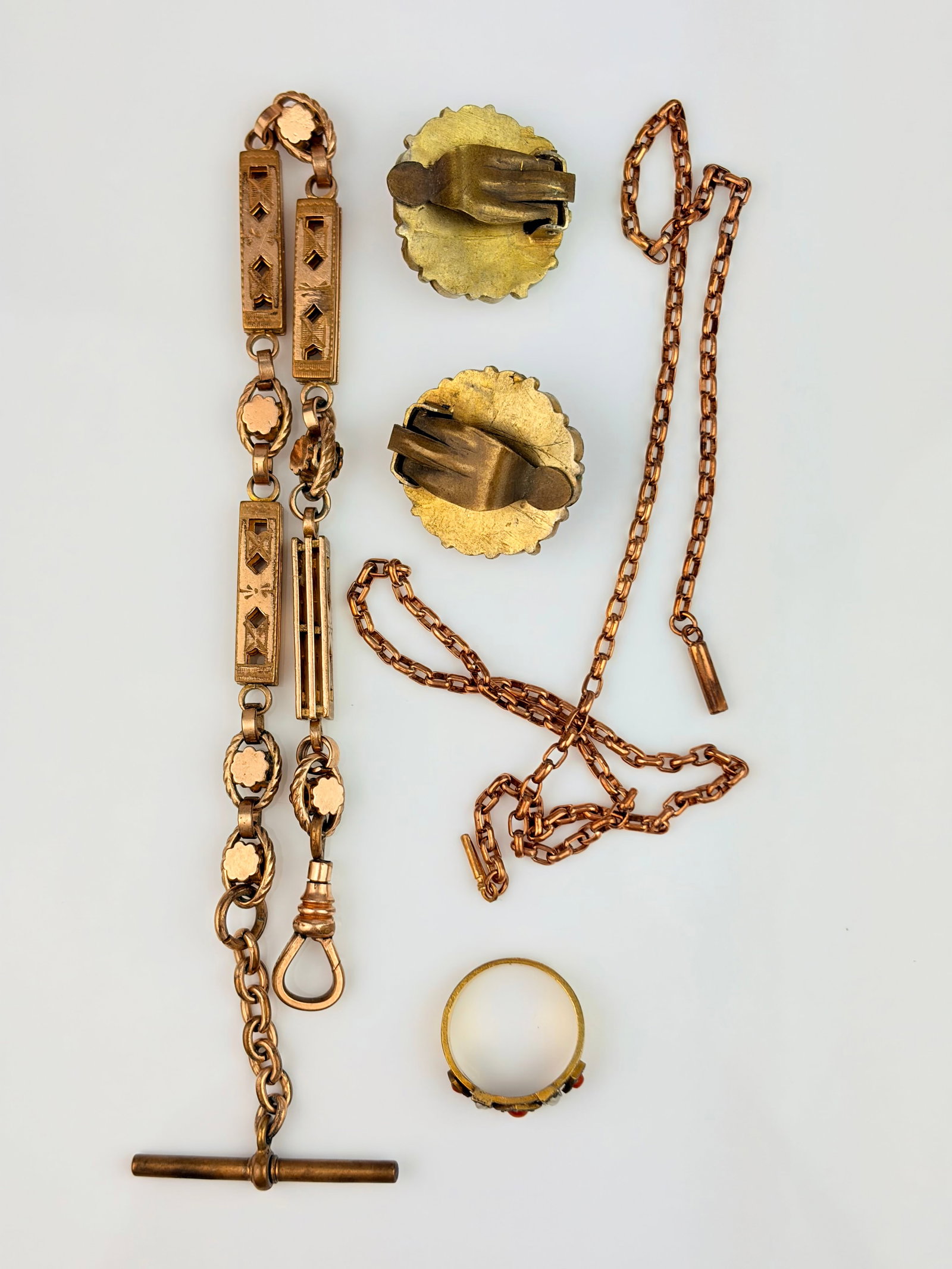 MIXED LOT CHAINS, CLIP EARRINGS, RING ETC - 5