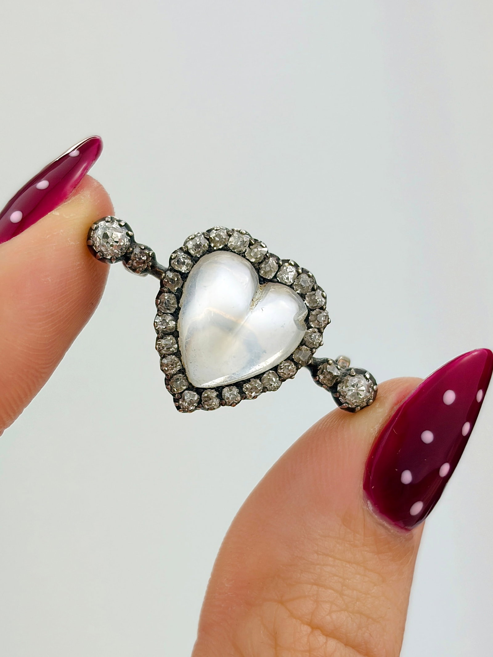 Antique Gold Moonstone and Diamond Heart Brooch in Fitted C&A Giuilano London box - 4