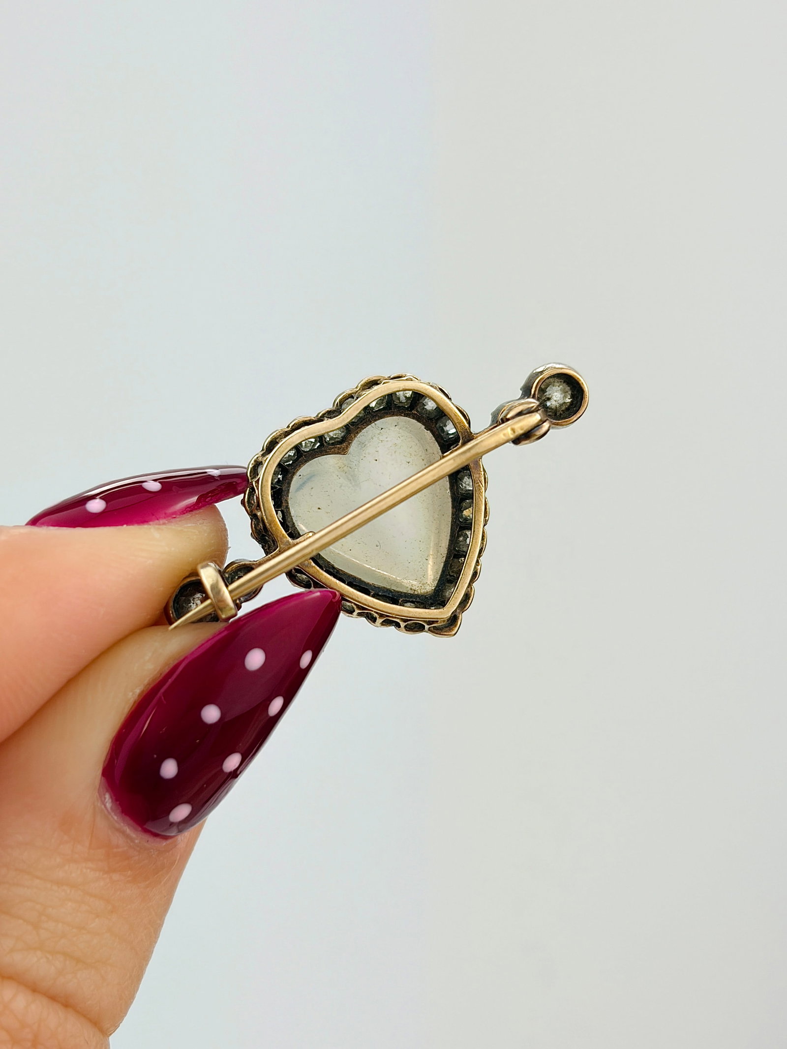 Antique Gold Moonstone and Diamond Heart Brooch in Fitted C&A Giuilano London box - 6