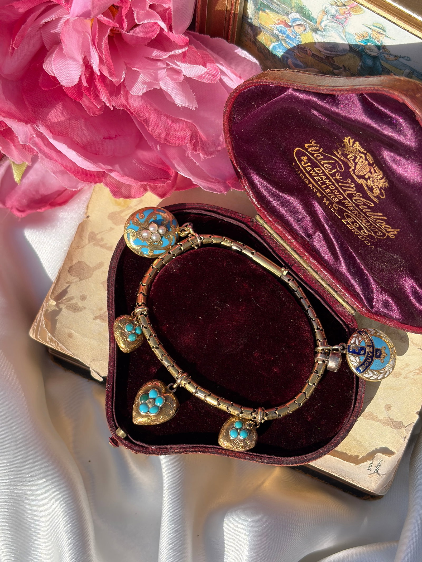 ANTIQUE VICTORIAN 18CT YELLOW GOLD TURQUOISE HEART, AND BLUE ENAMEL AND PEARL CHARM BRACELET - 2