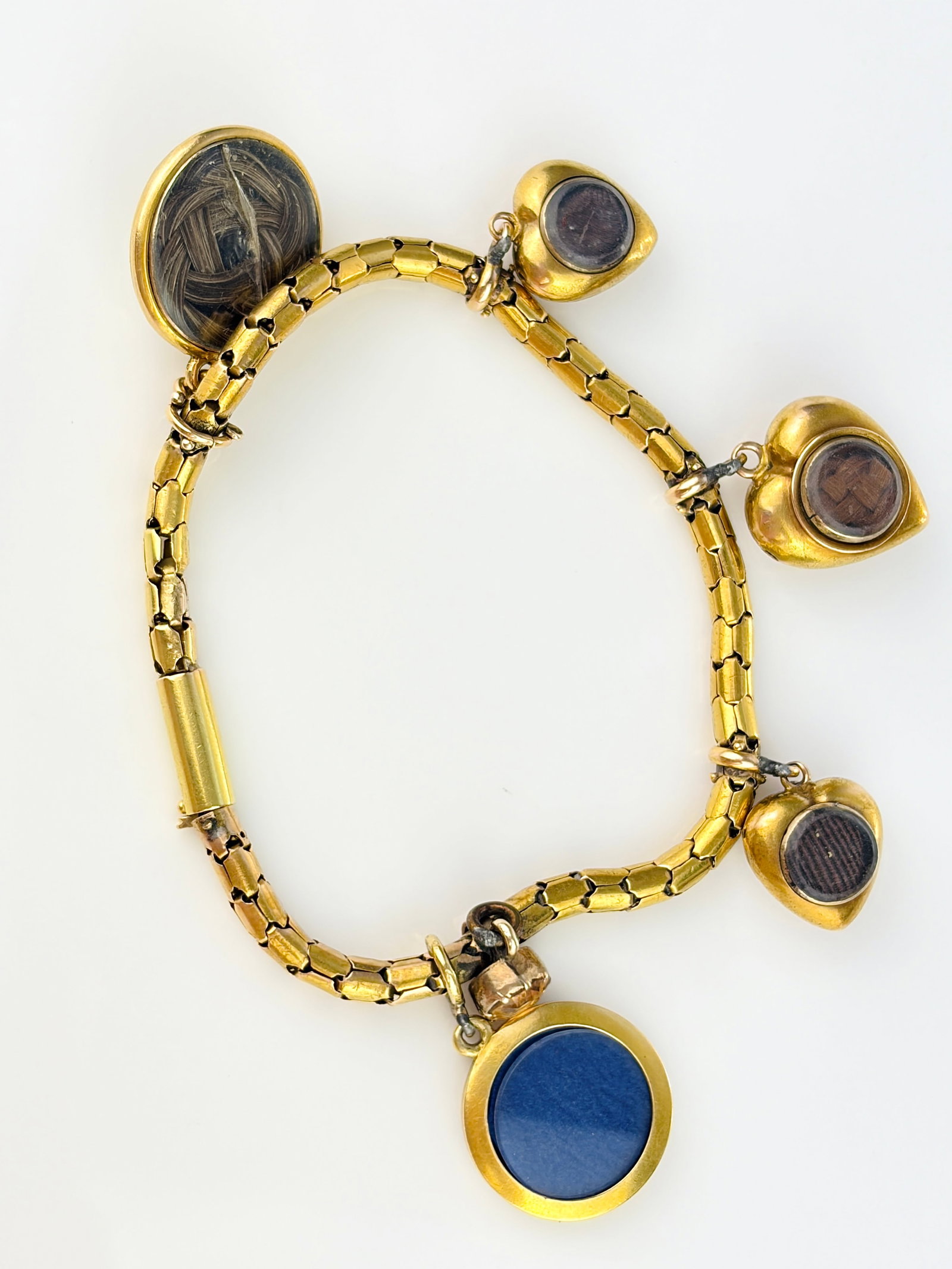 ANTIQUE VICTORIAN 18CT YELLOW GOLD TURQUOISE HEART, AND BLUE ENAMEL AND PEARL CHARM BRACELET - 6