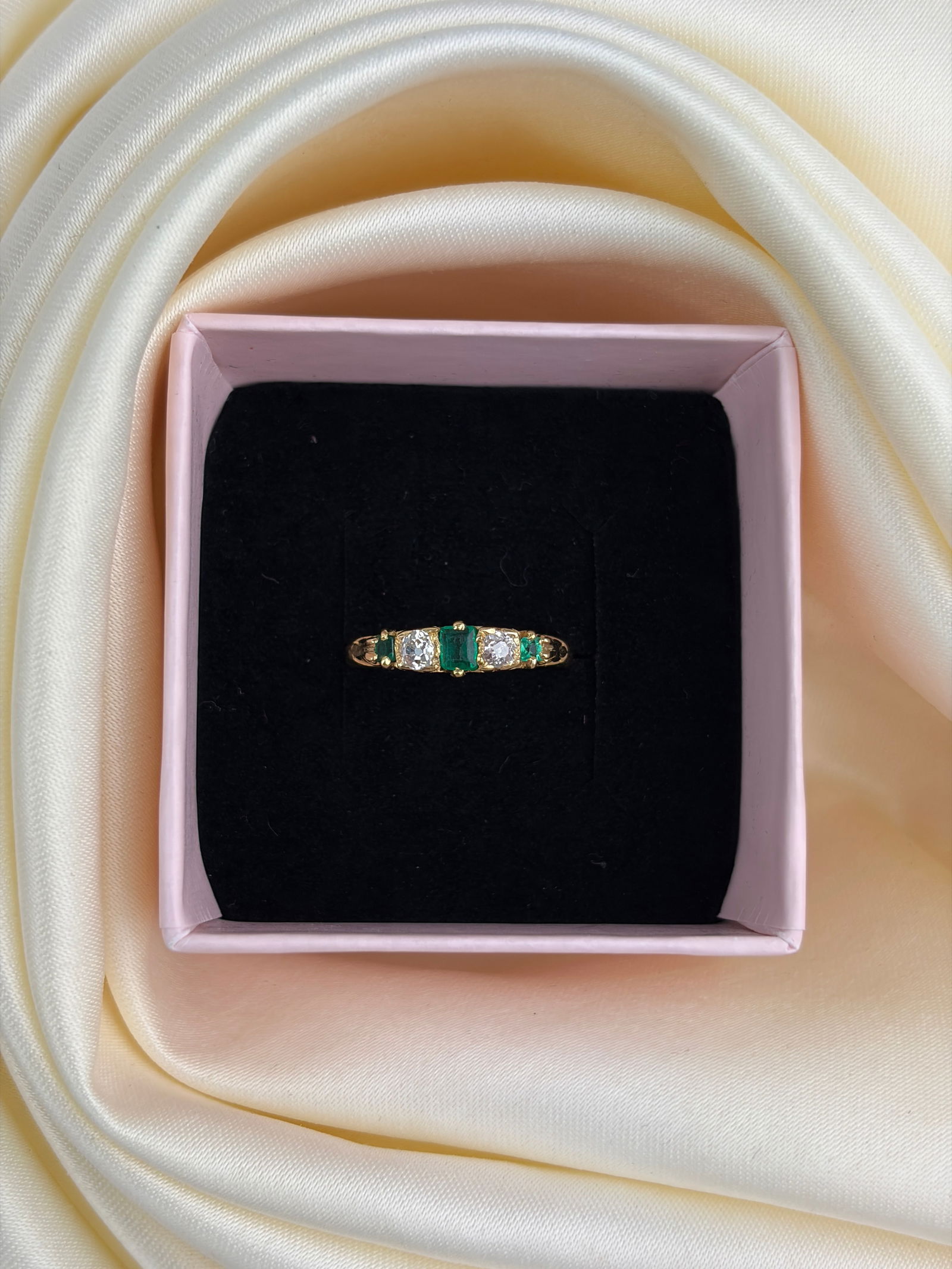 antique 18ct yellow gold emerald and diamond 5 stone ring with scroll gallery - 7