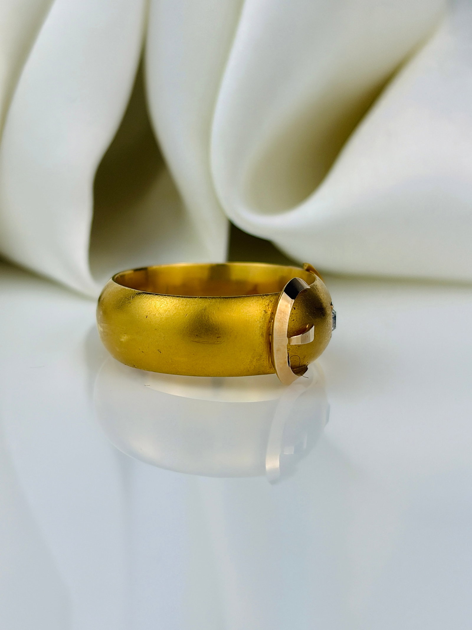 chunky antique 15ct yellow gold diamond buckle ring matte effect - 2