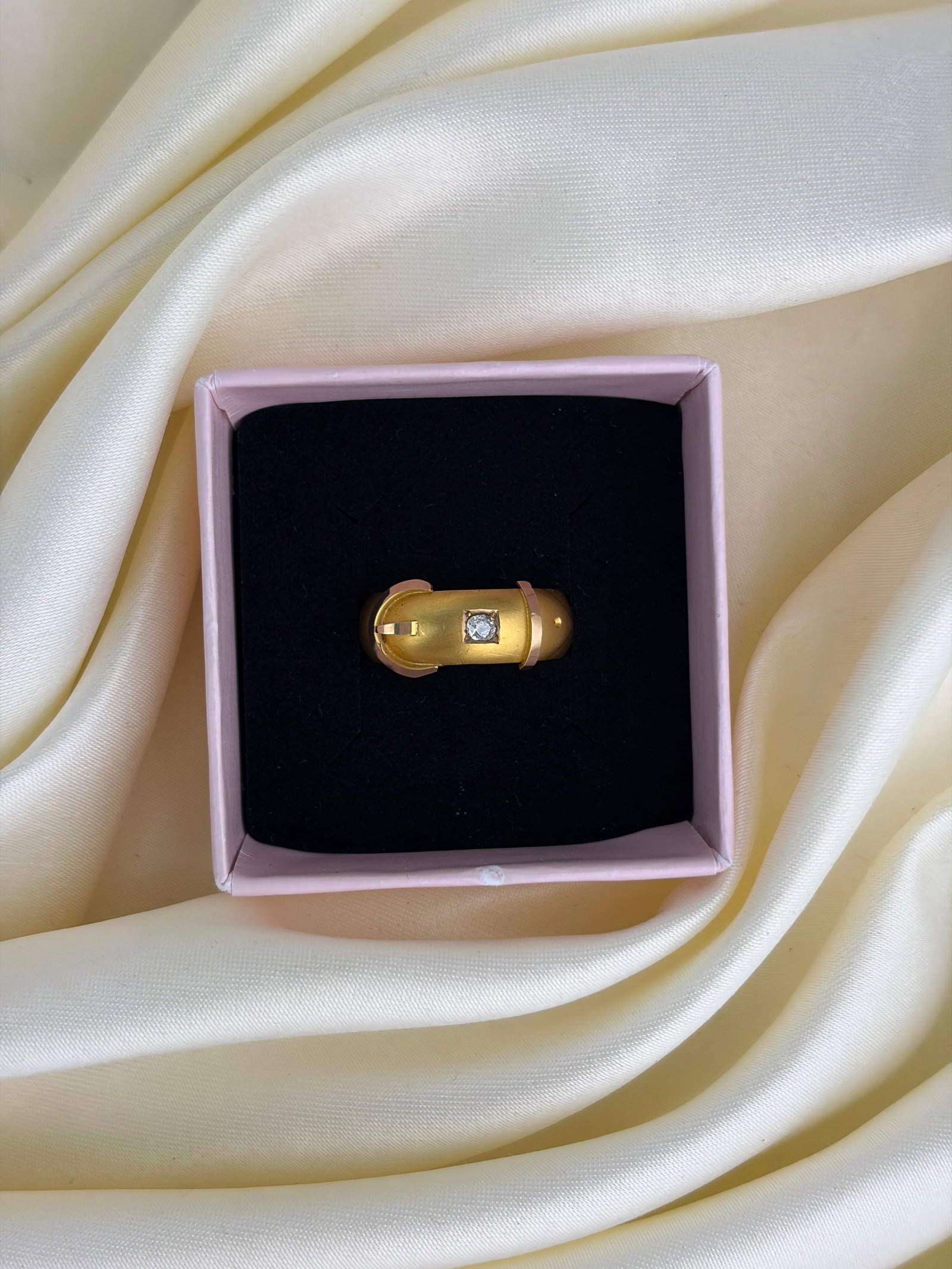 chunky antique 15ct yellow gold diamond buckle ring matte effect - 5