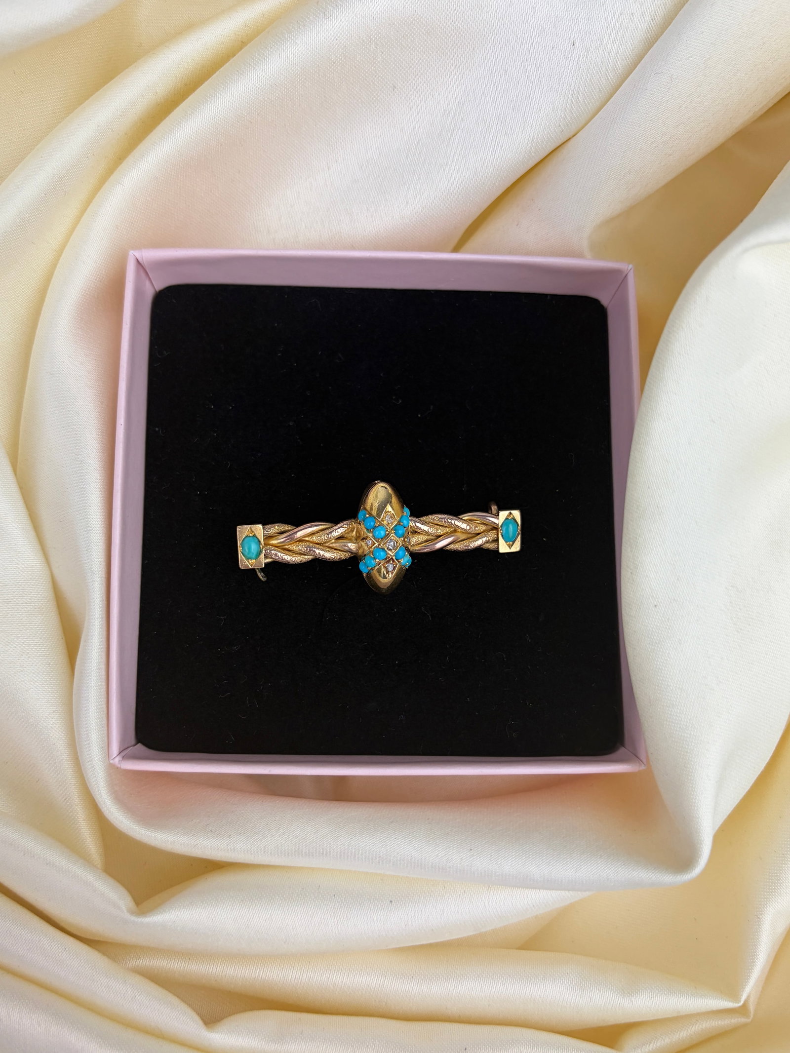 Antique 15ct Yellow Gold Turquoise and Rose Cut Diamond Bar Brooch - 6