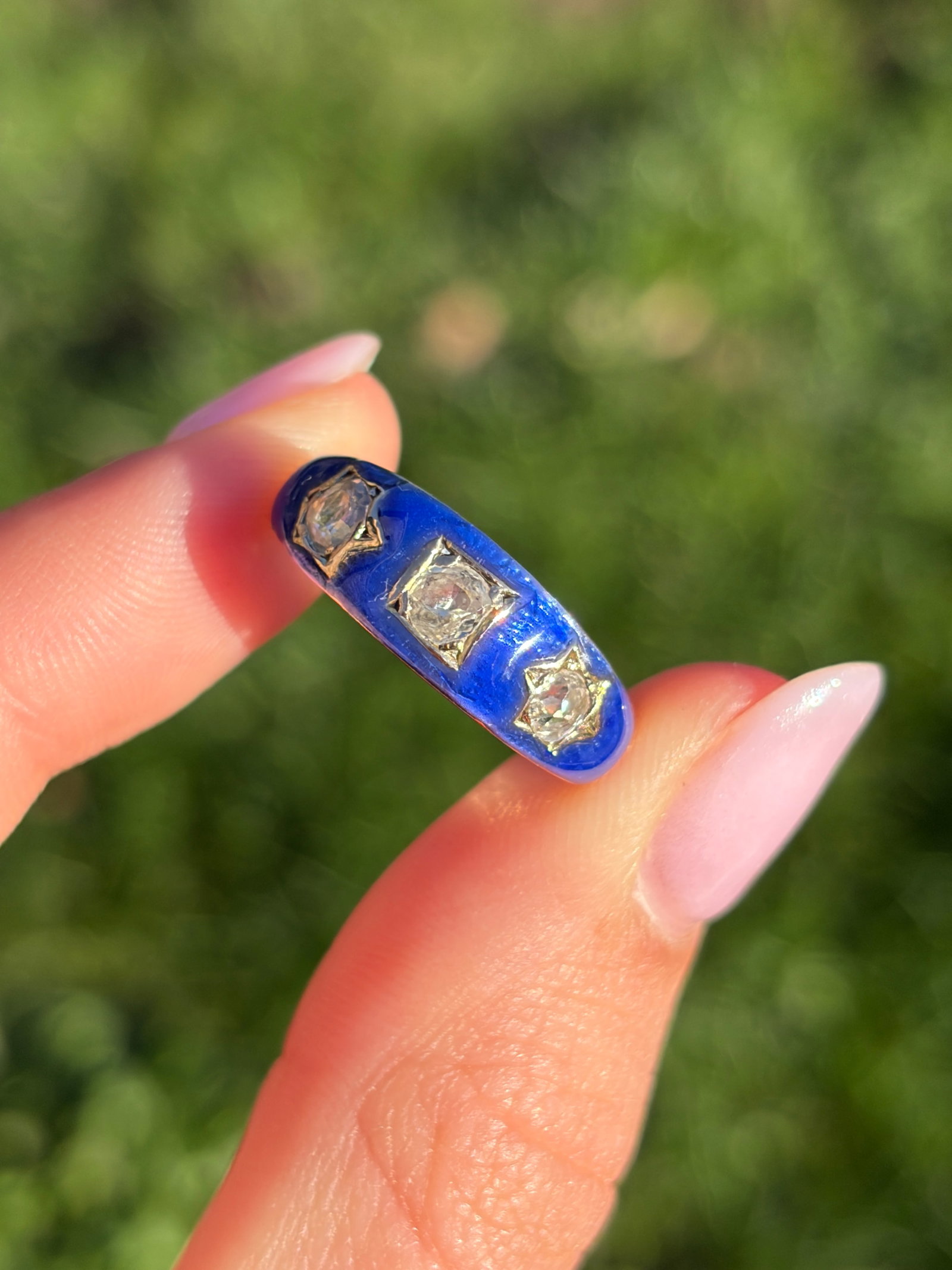 Antique 15ct yellow gold blue enamel 60pts diamond 3 stone star ring - 10