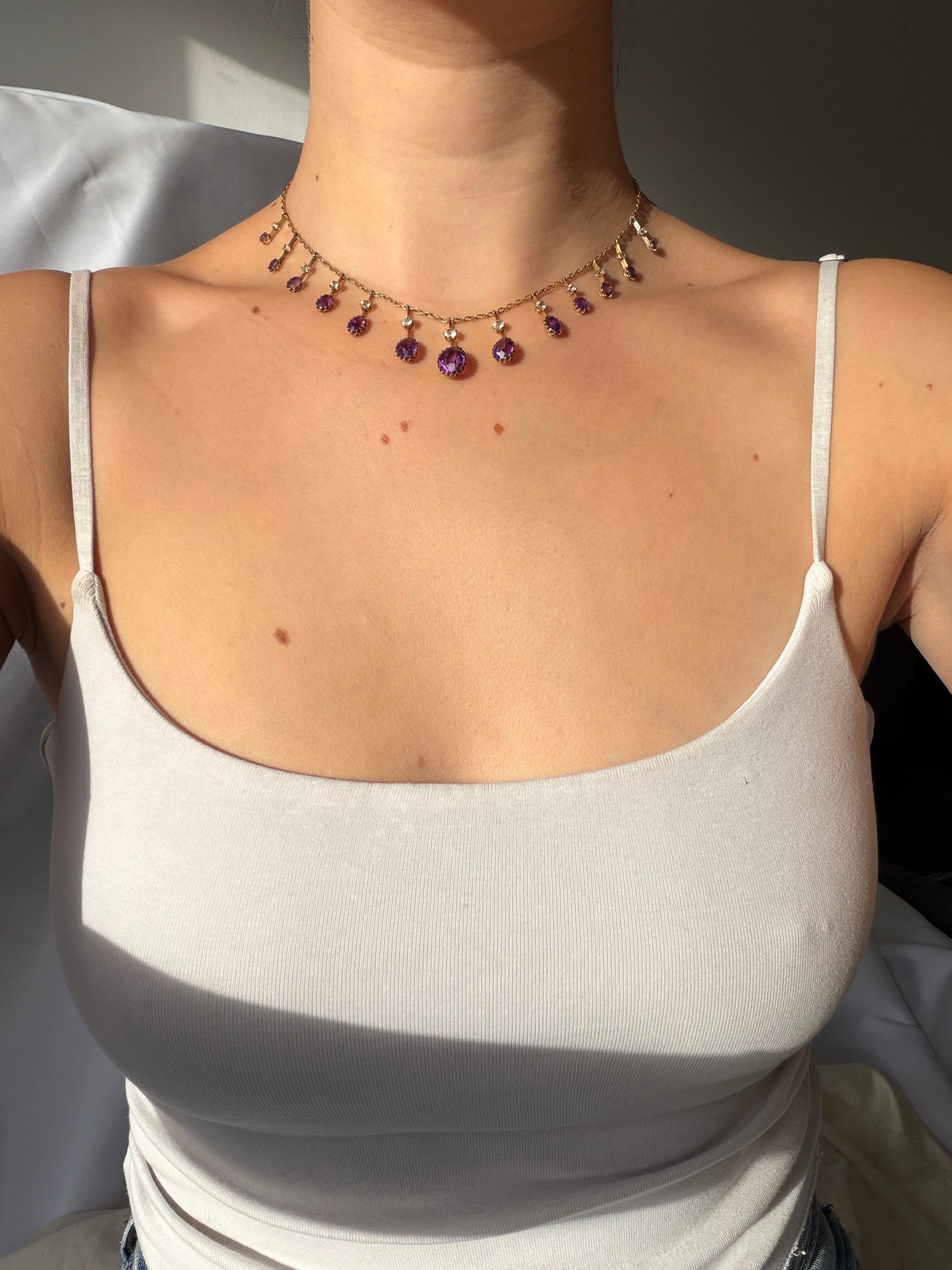 Edwardian Amethyst and Chrysoprase 9 Carat Yellow Gold fringe Necklace - 6