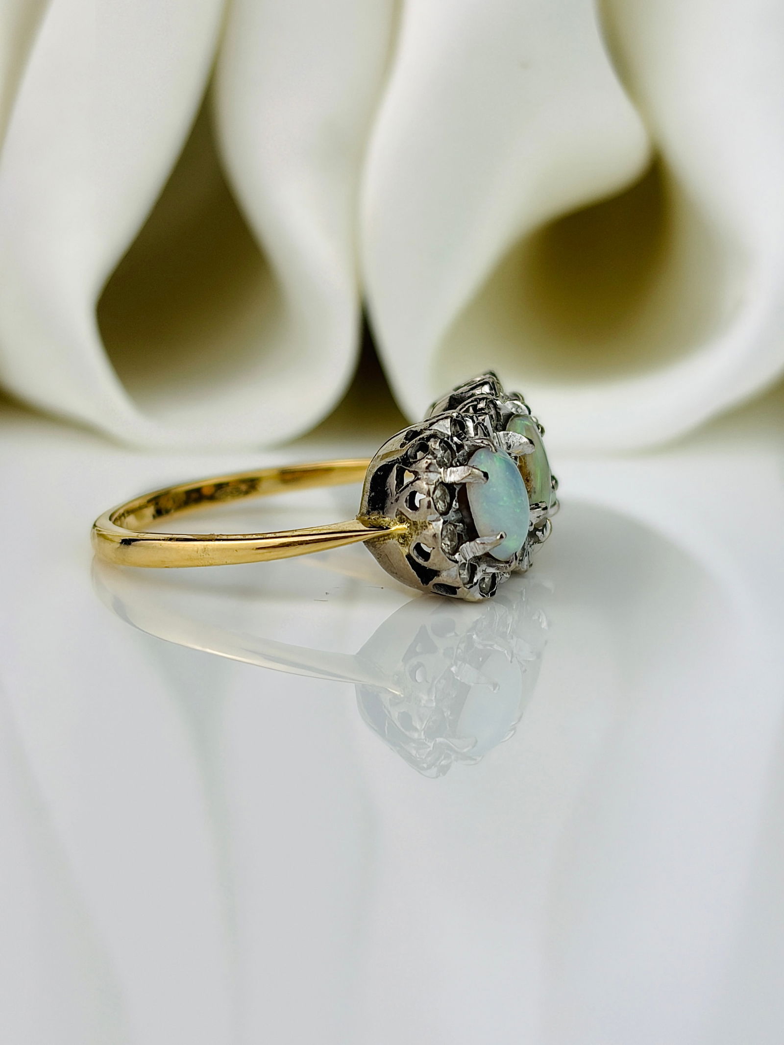 Vintage Opal and Diamond 18ct Gold and Platinum Triple Cluster Ring - 2