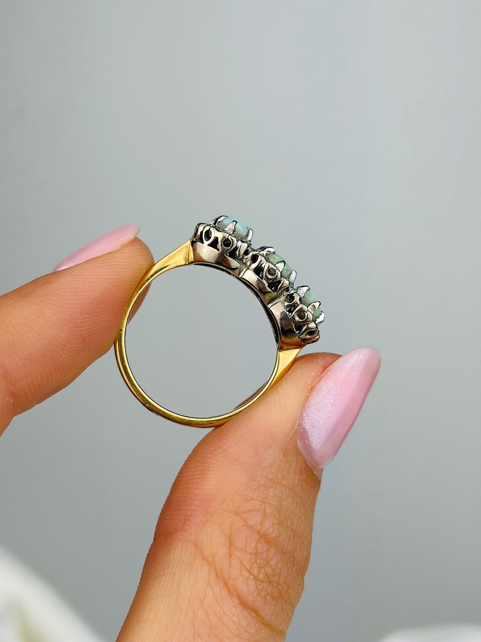 Vintage Opal and Diamond 18ct Gold and Platinum Triple Cluster Ring - 6