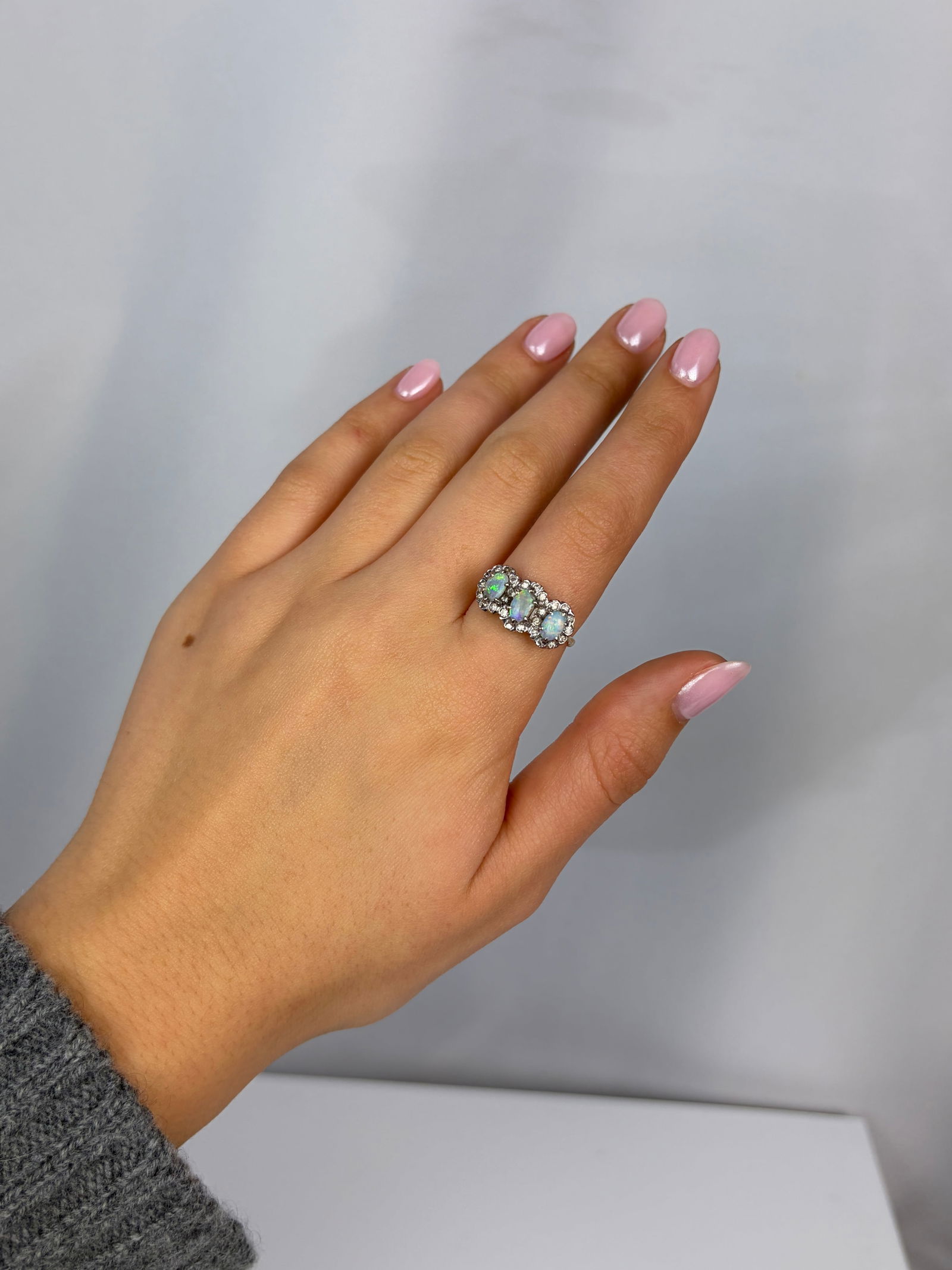 Vintage Opal and Diamond 18ct Gold and Platinum Triple Cluster Ring - 8