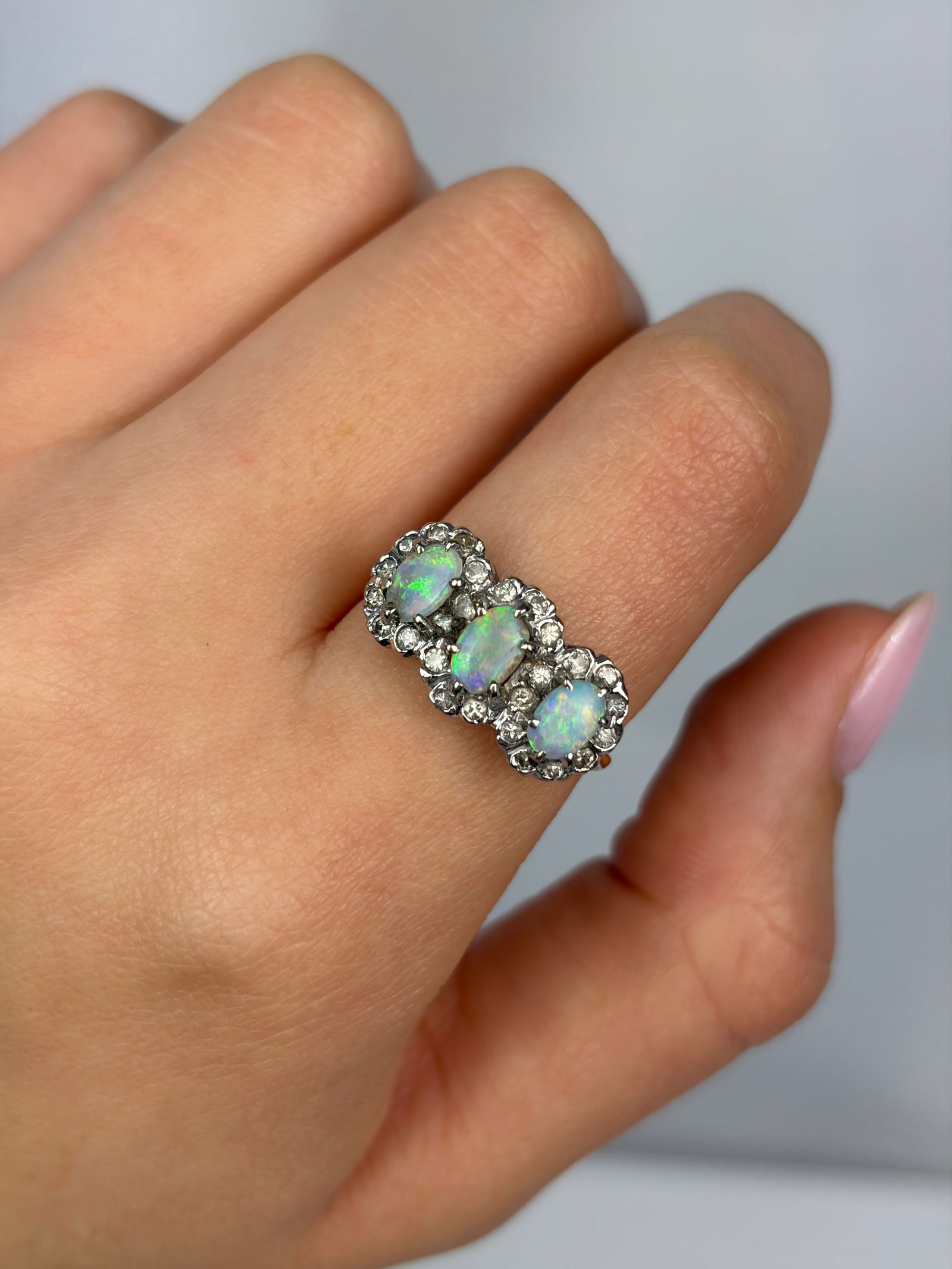Vintage Opal and Diamond 18ct Gold and Platinum Triple Cluster Ring - 9