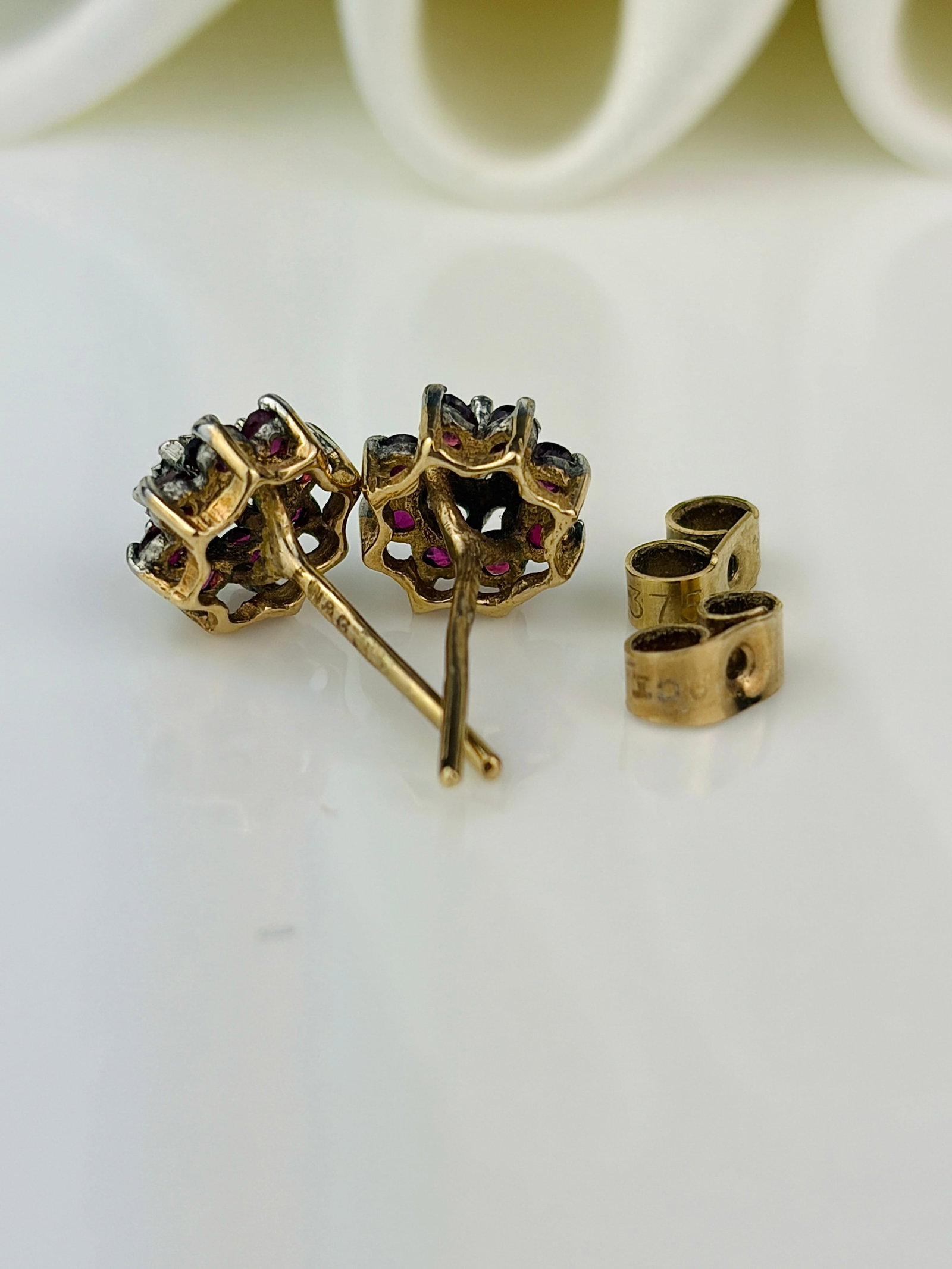 Sweet Ruby and Diamond Flower Earrings in Gold in Box - 6