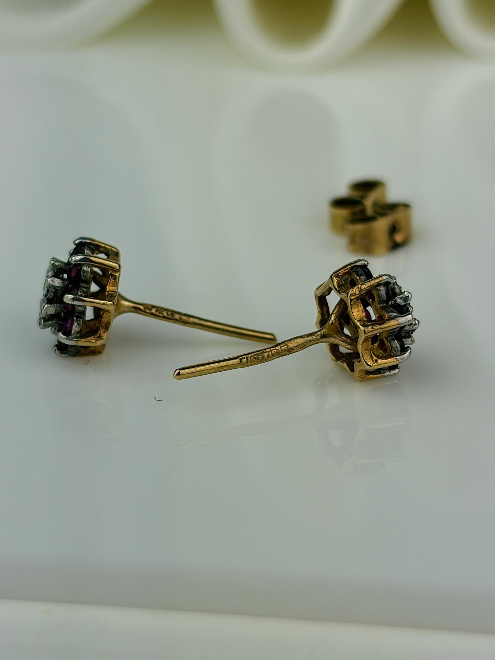 Sweet Ruby and Diamond Flower Earrings in Gold in Box - 7