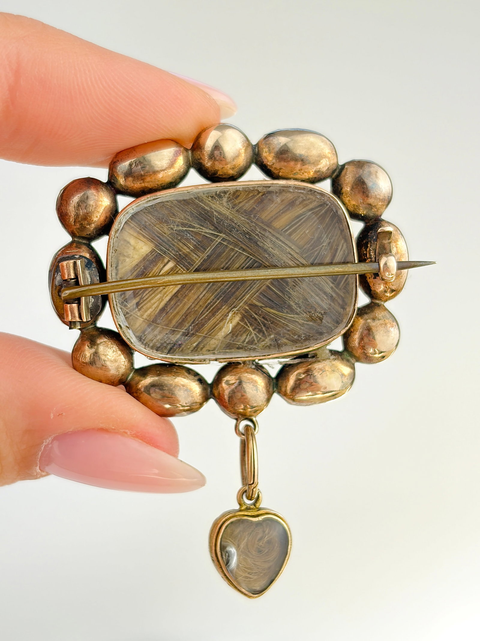 ANTIQUE GOLD MOURNING DOUBLE LOCKET HAIR BROOCH WITH TOPAZ HALO AND GARNET HANGING HEART - 5