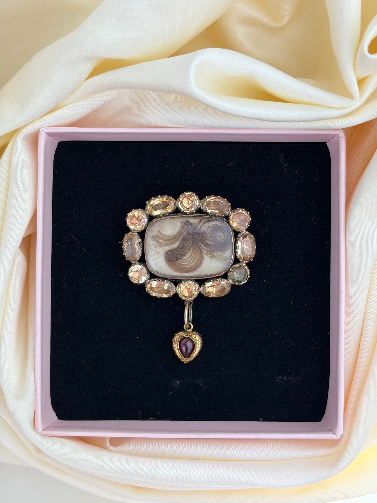 ANTIQUE GOLD MOURNING DOUBLE LOCKET HAIR BROOCH WITH TOPAZ HALO AND GARNET HANGING HEART - 8