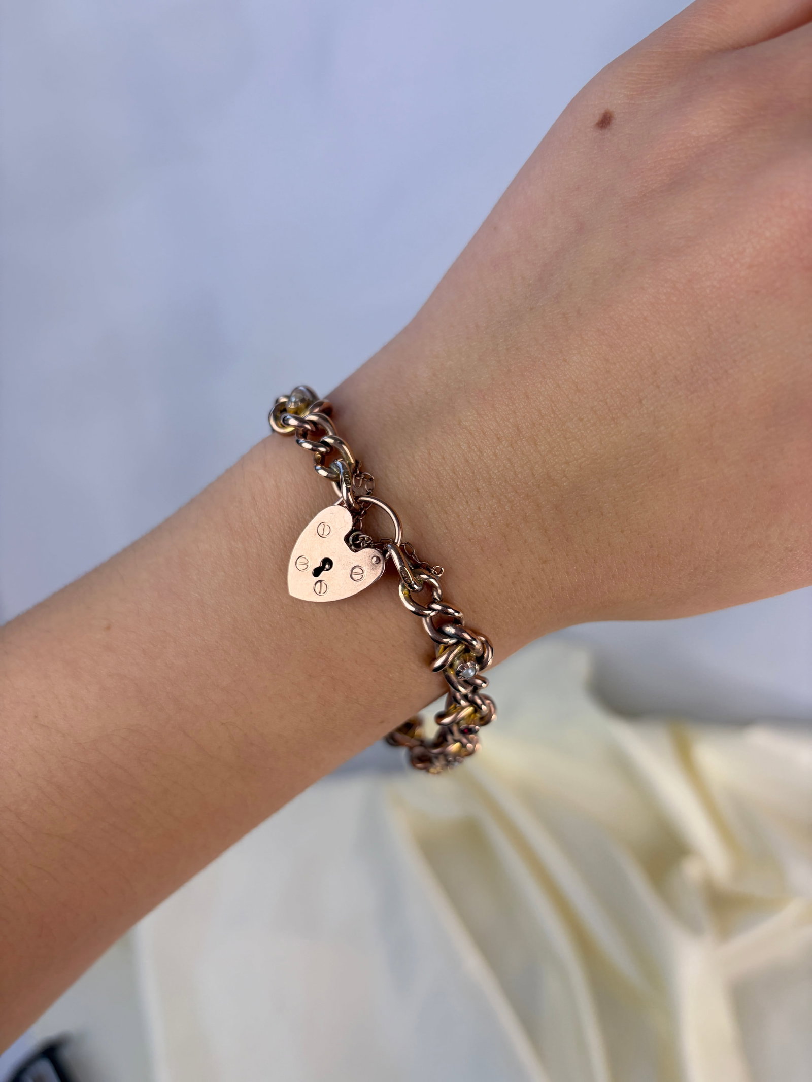 Antique 9ct Gold Stone Set Fancy Link Curb Bracelet with Heart Padlock - 6