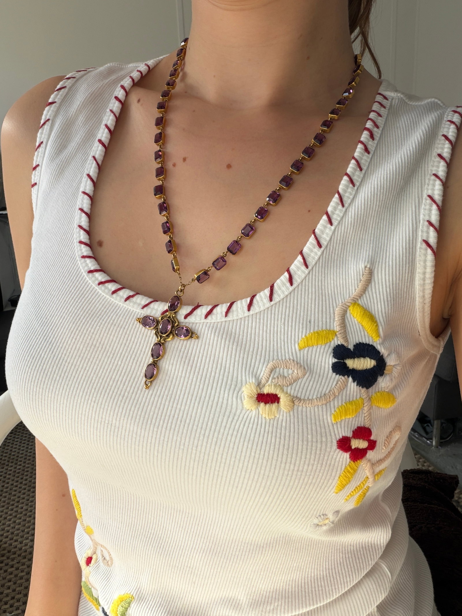 ANTIQUE GILT METAL PURPLE PASTE CROSS PENDANT AND RIVIERE NECKLACE - 12