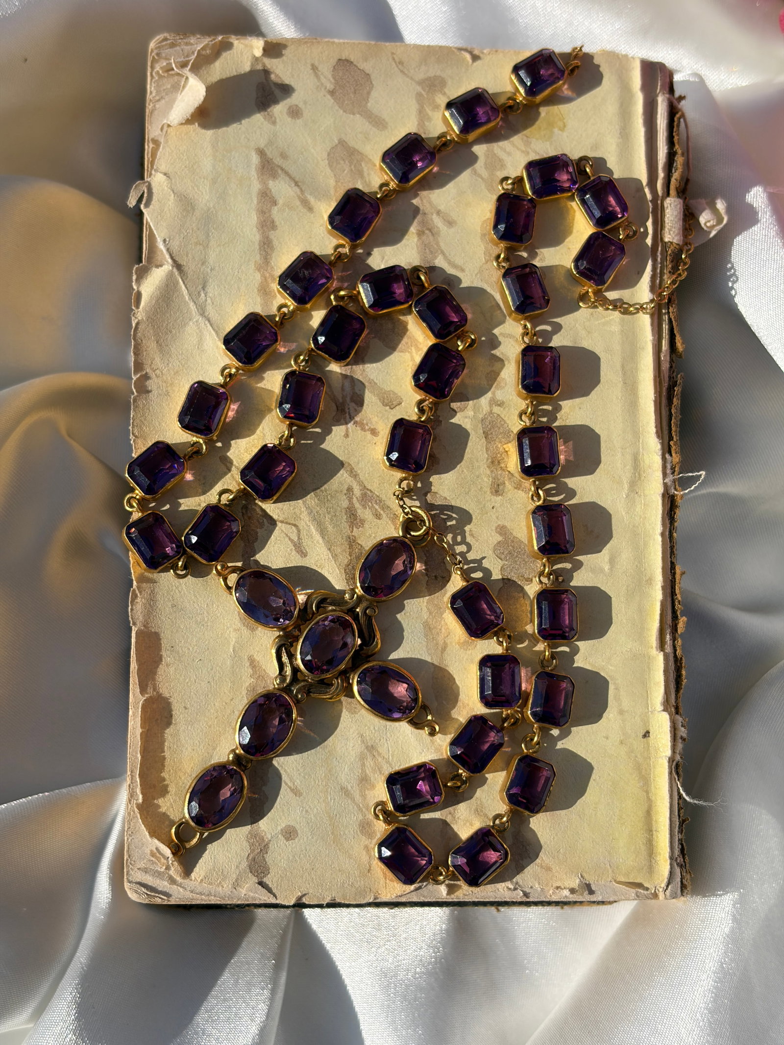 ANTIQUE GILT METAL PURPLE PASTE CROSS PENDANT AND RIVIERE NECKLACE - 2