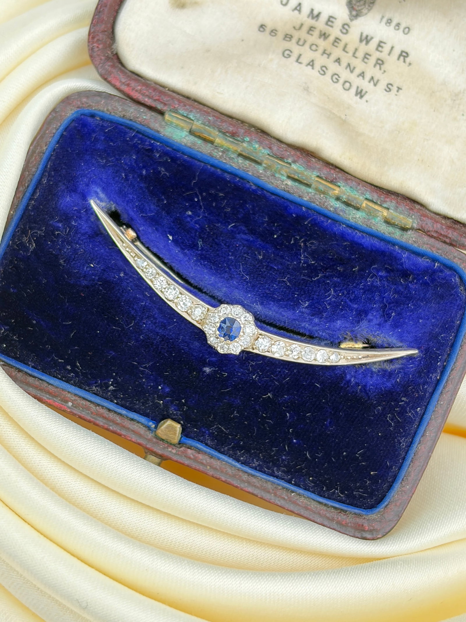 Antique Gold Sapphire and Diamond Crescent / Flower Brooch in Fitted Box: antique gold sapphire and diamond crescent / flower brooch in fitted box Exquisite brooch that has insane sparkle in the sun!