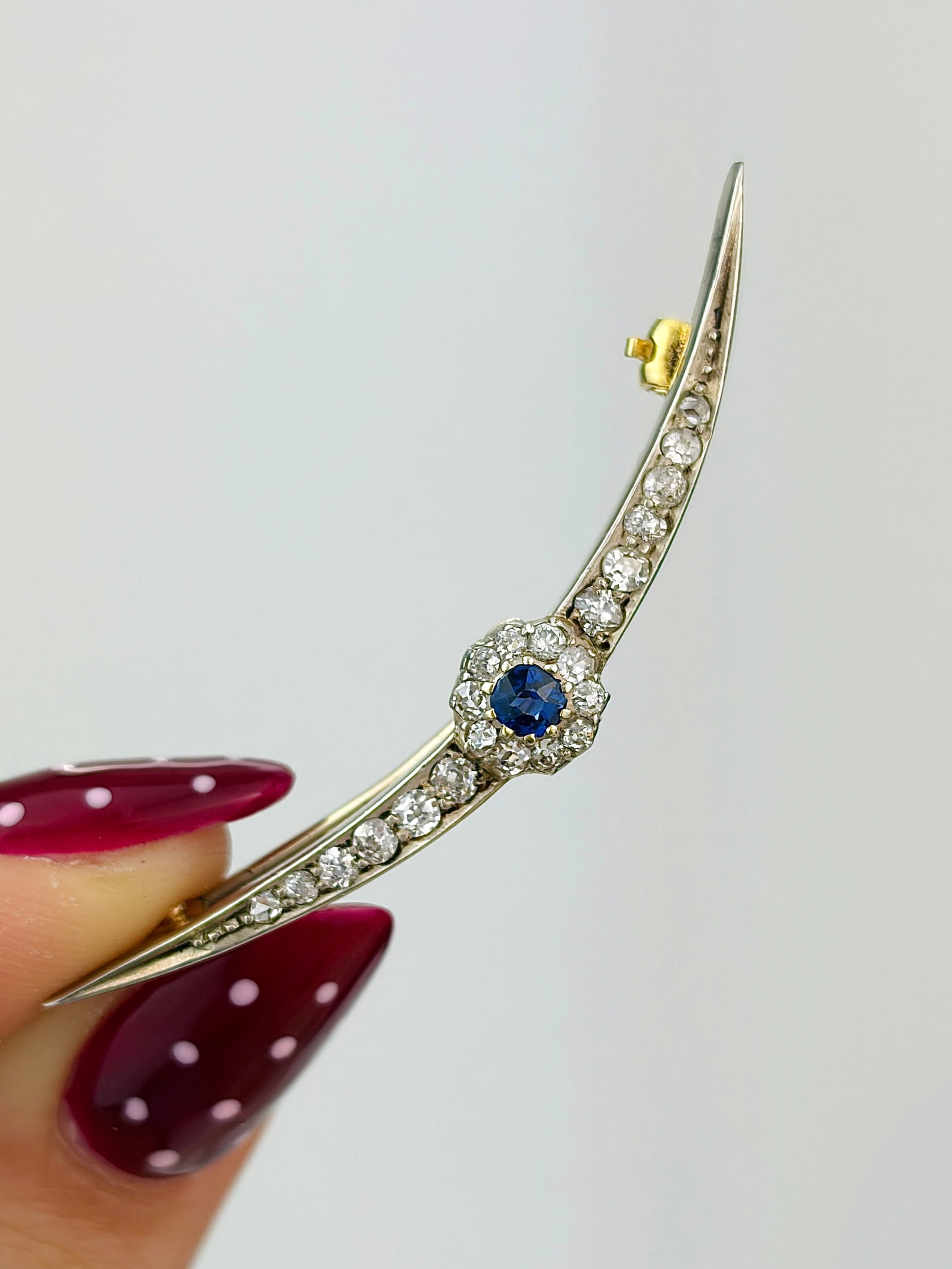 Antique Gold Sapphire and Diamond Crescent / Flower Brooch in Fitted Box - 5