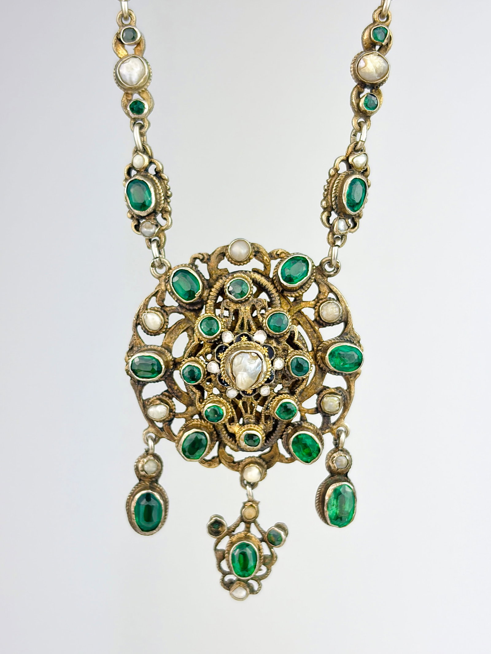 RARE AUSTRO HUNGARIAN GREEN PASTE AND PEARL ORNATE NECKLACE: RARE AUSTRO HUNGARIAN GREEN PASTE AND PEARL ORNATE NECKLACE Amazing intricate design!