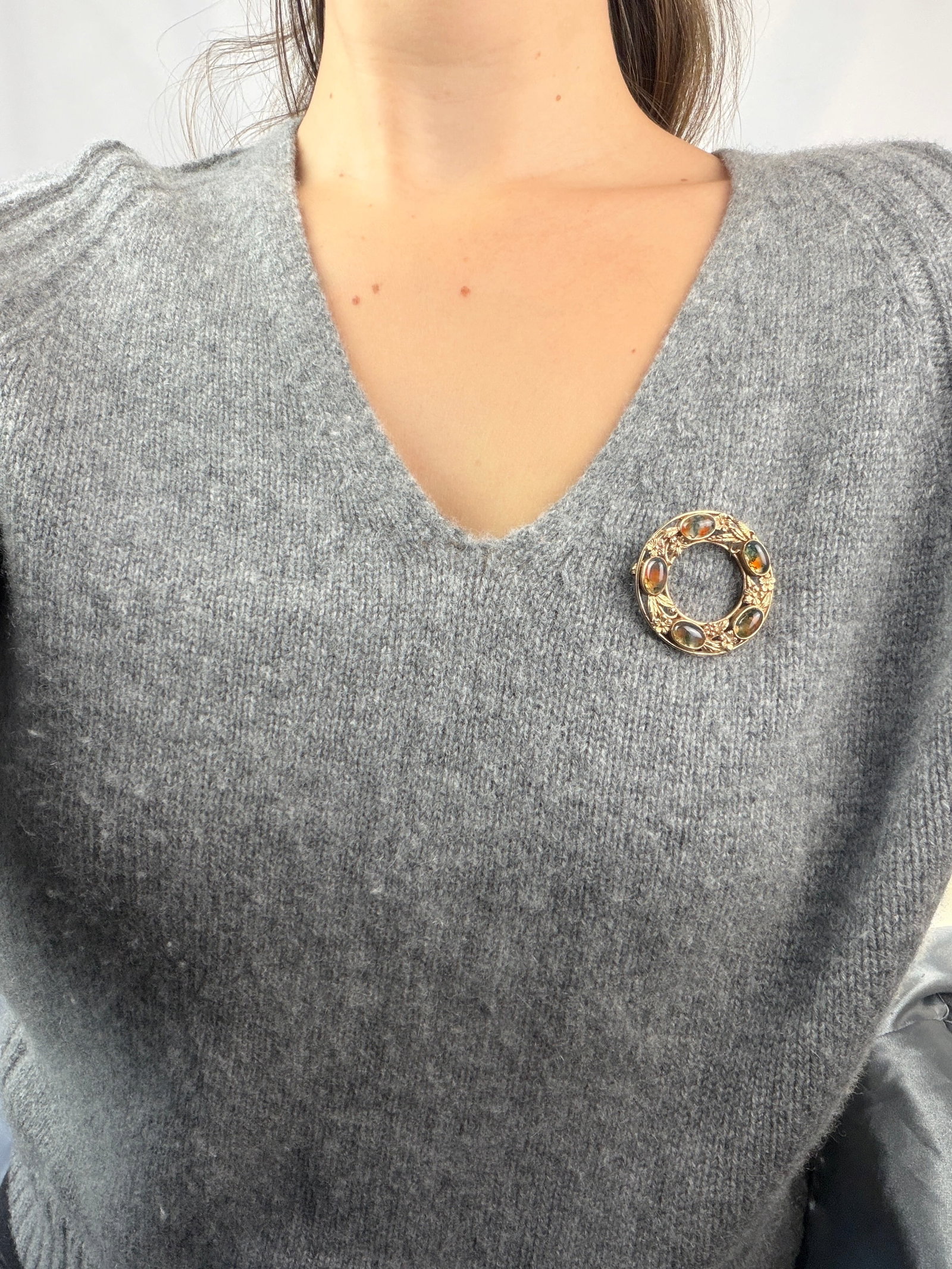 Rare Vintage 9ct Gold Scottish Cabochon Moss Agate Brooch - 7