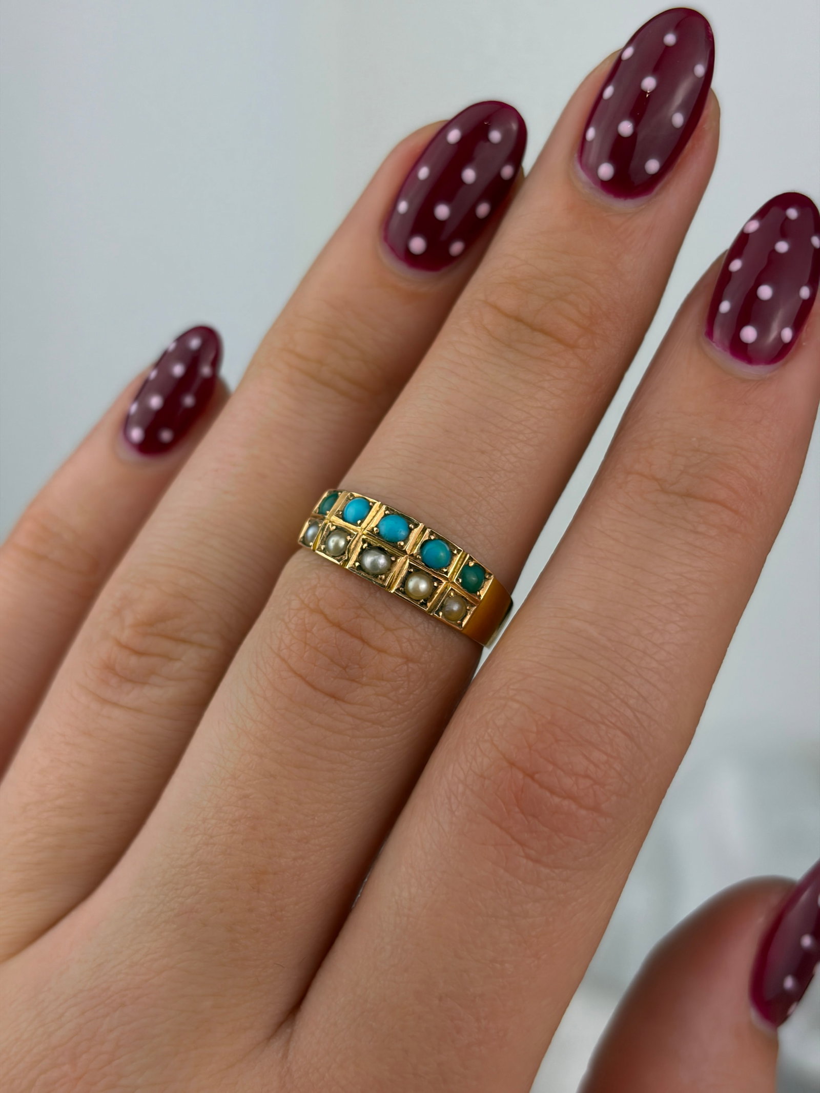 antique c.1881 15ct yellow gold pearl and turquoise two row ring - 7