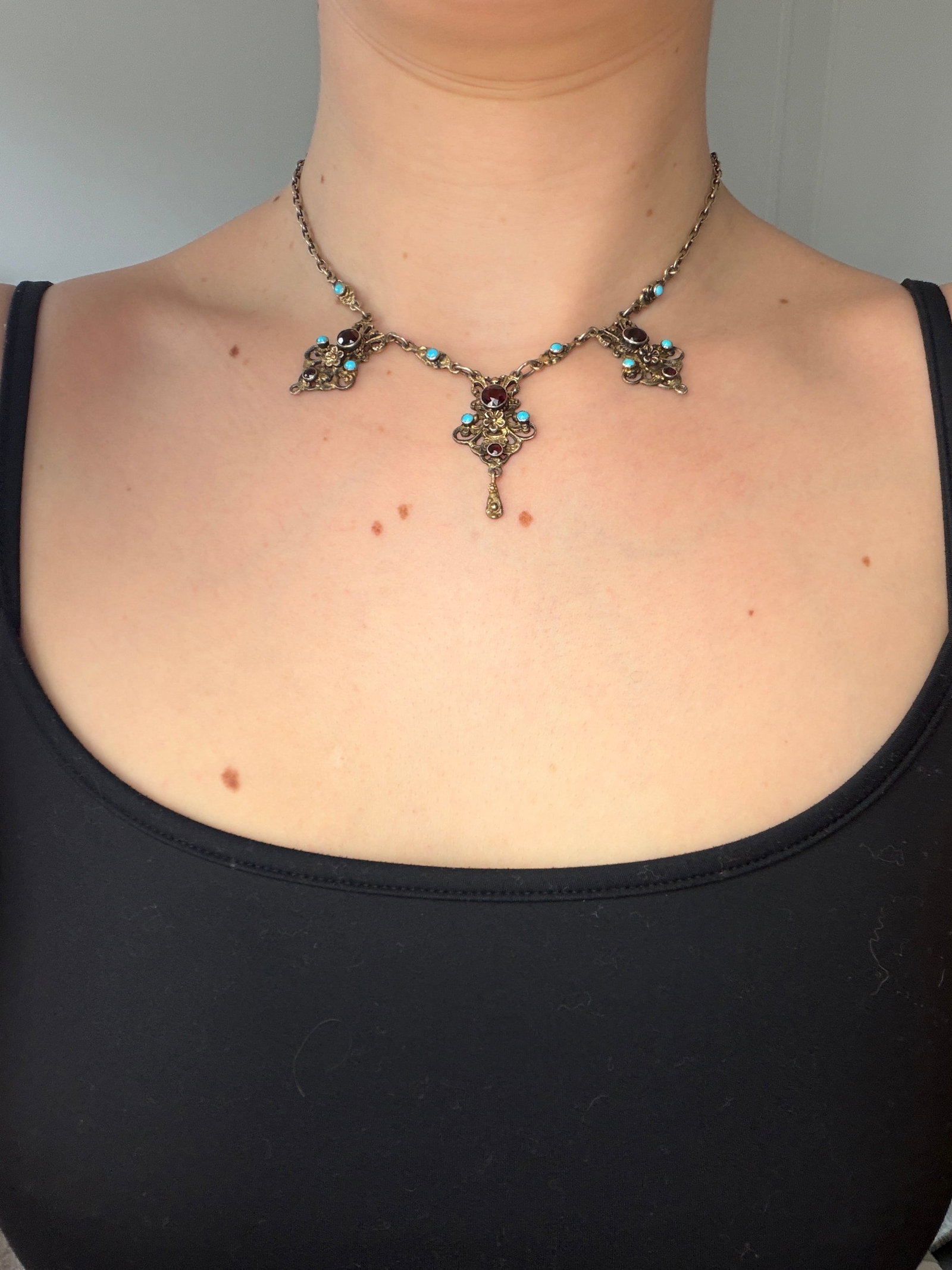 ANTIQUE AUSTRO HUNGARIAN GARNET AND TURQUOISE NECKLACE IN SILVER - 6