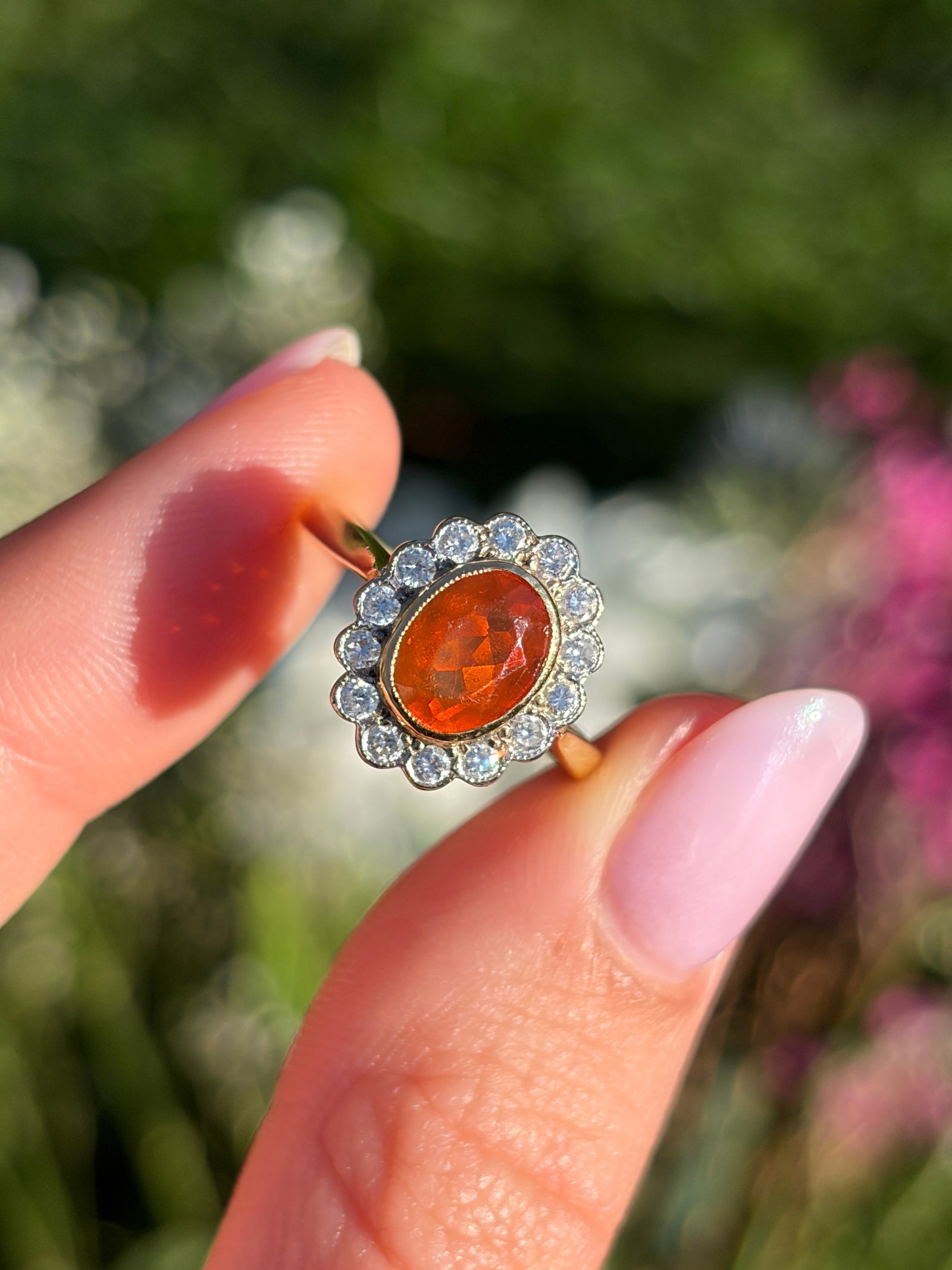 Vintage Fire Opal and Diamond 18 Carat Cluster Ring - 11