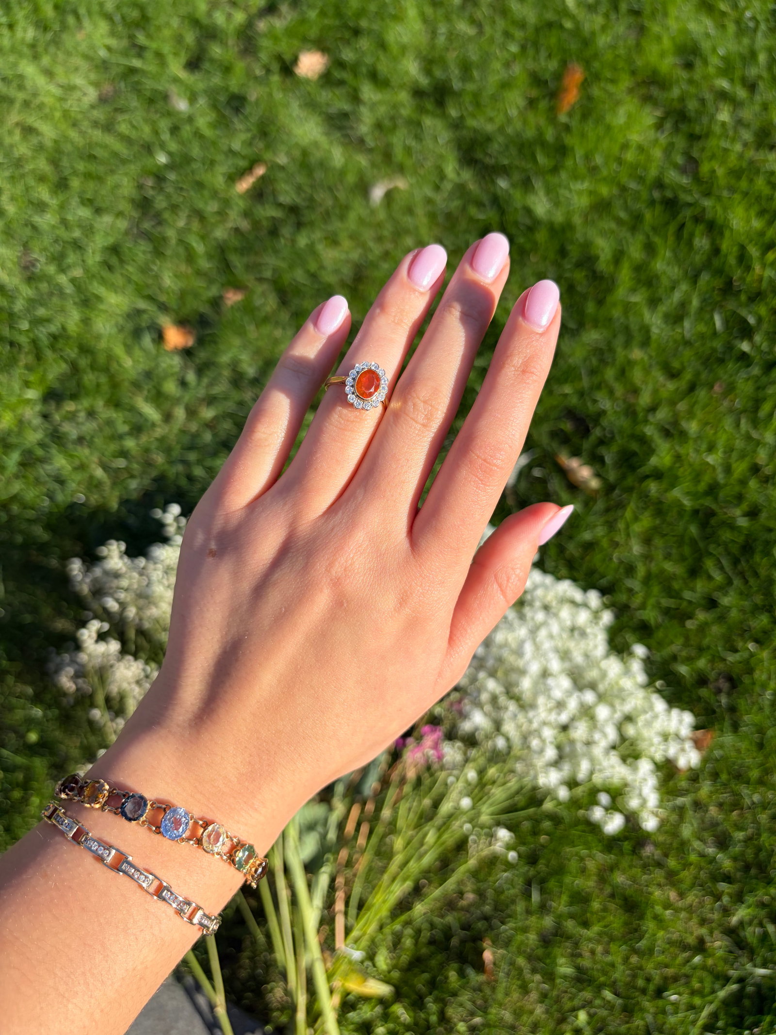 Vintage Fire Opal and Diamond 18 Carat Cluster Ring - 12