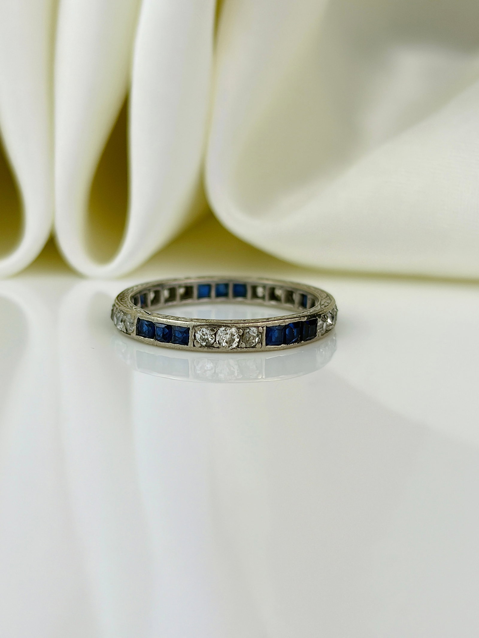 antique platinum sapphire and diamond full eternity band ring - 2
