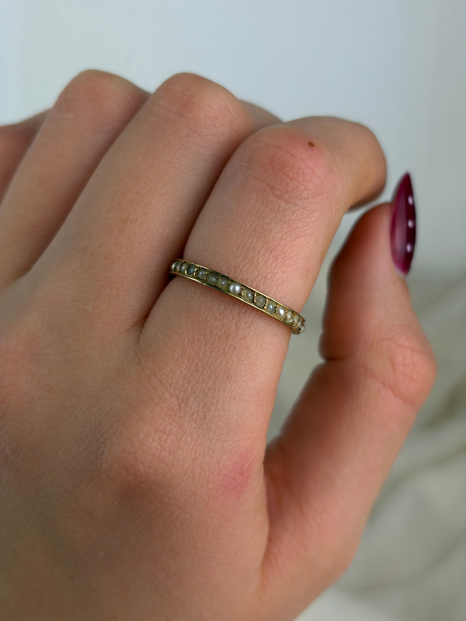 antique 9ct gold pearl full eternity band ring - 7
