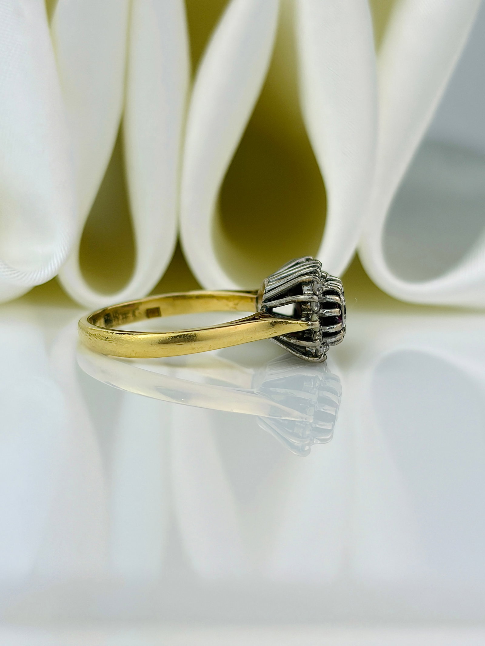 chunky vintage 18ct yellow gold ruby and diamond triple cluster ring - 2