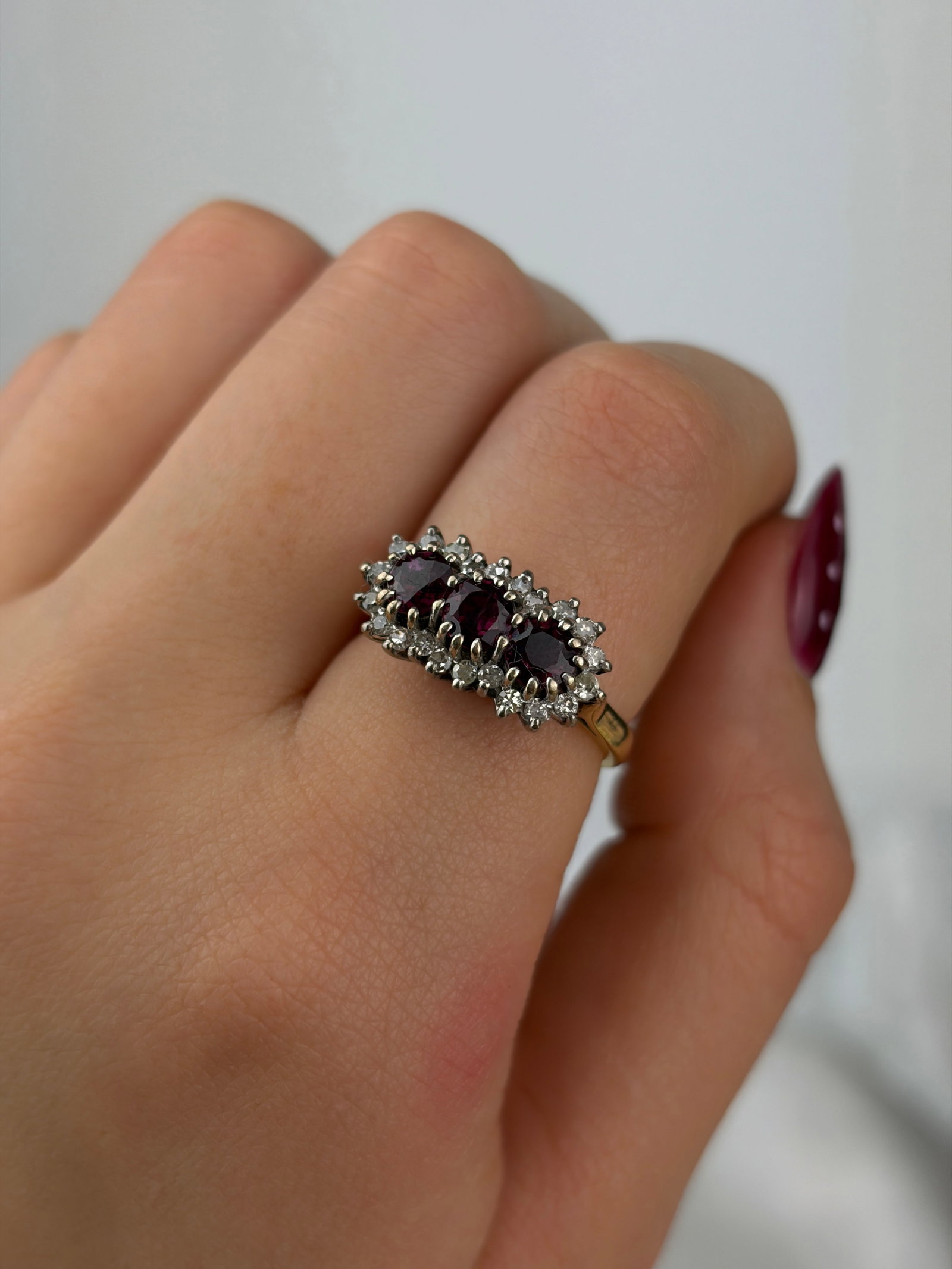chunky vintage 18ct yellow gold ruby and diamond triple cluster ring - 9
